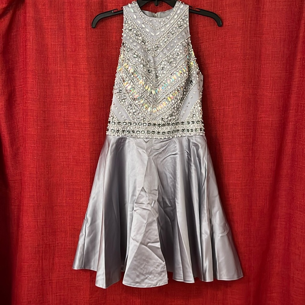 Silver Satin/Silk Homecoming Short Dress Sparkly Halter Cocktail Dress